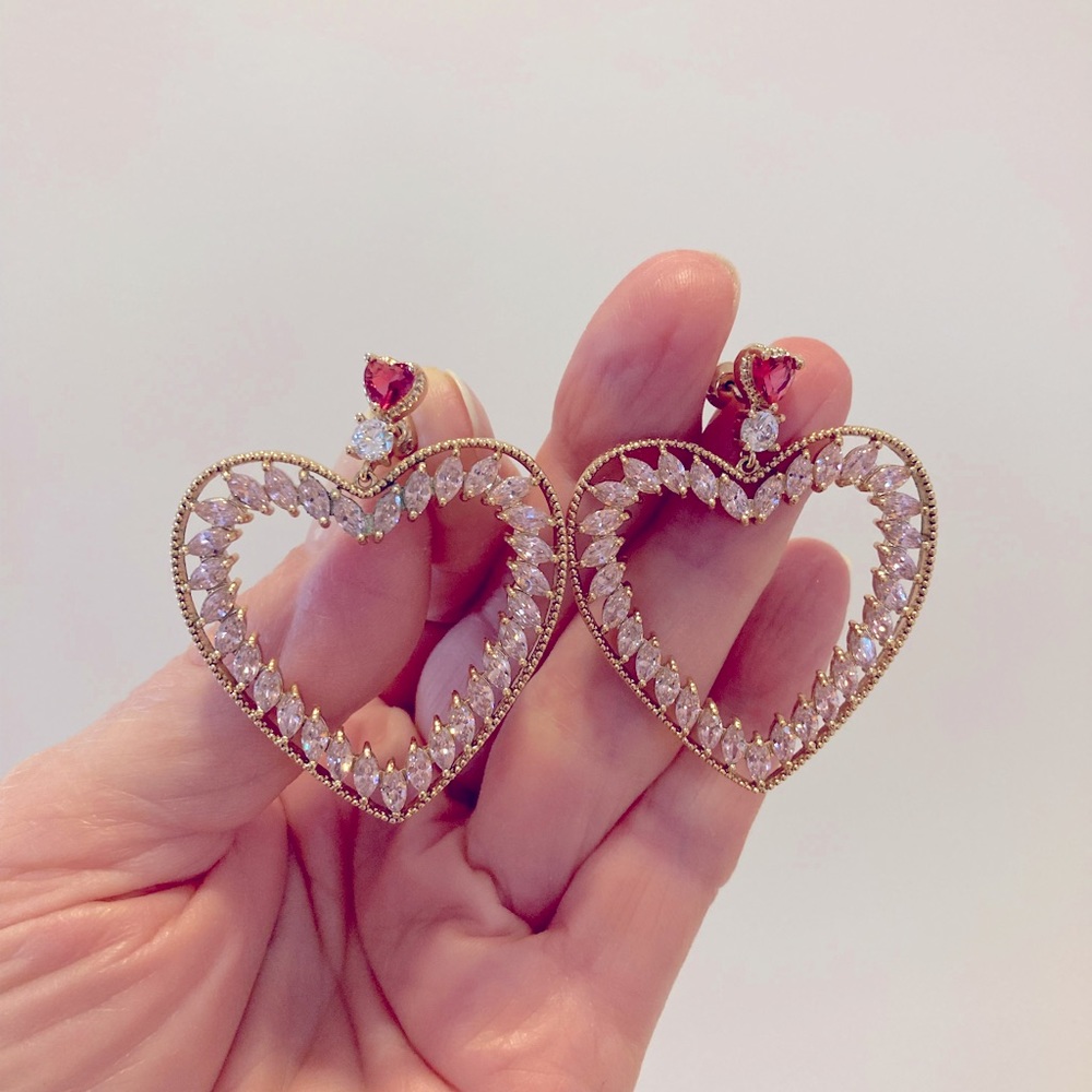 Heart stone earrings.  Red and pink stones.  2 inches long